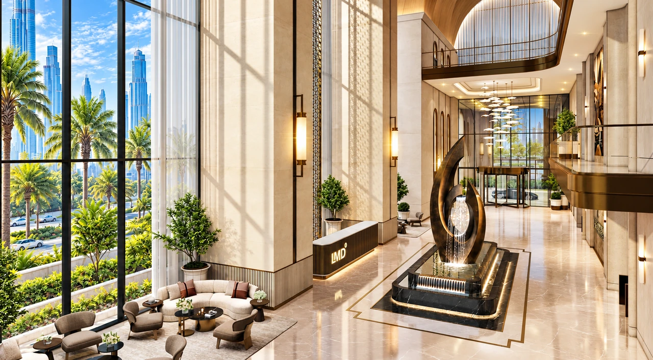 Grand arrival lobby with double-height glazing, stone finishes and sculptural interior