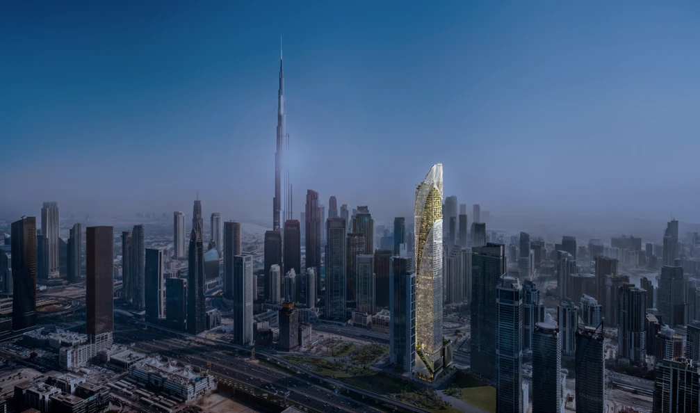 Brochure location illustration showing the tower in relation to Sheikh Zayed Road, DIFC, Burj Khalifa and metro stations