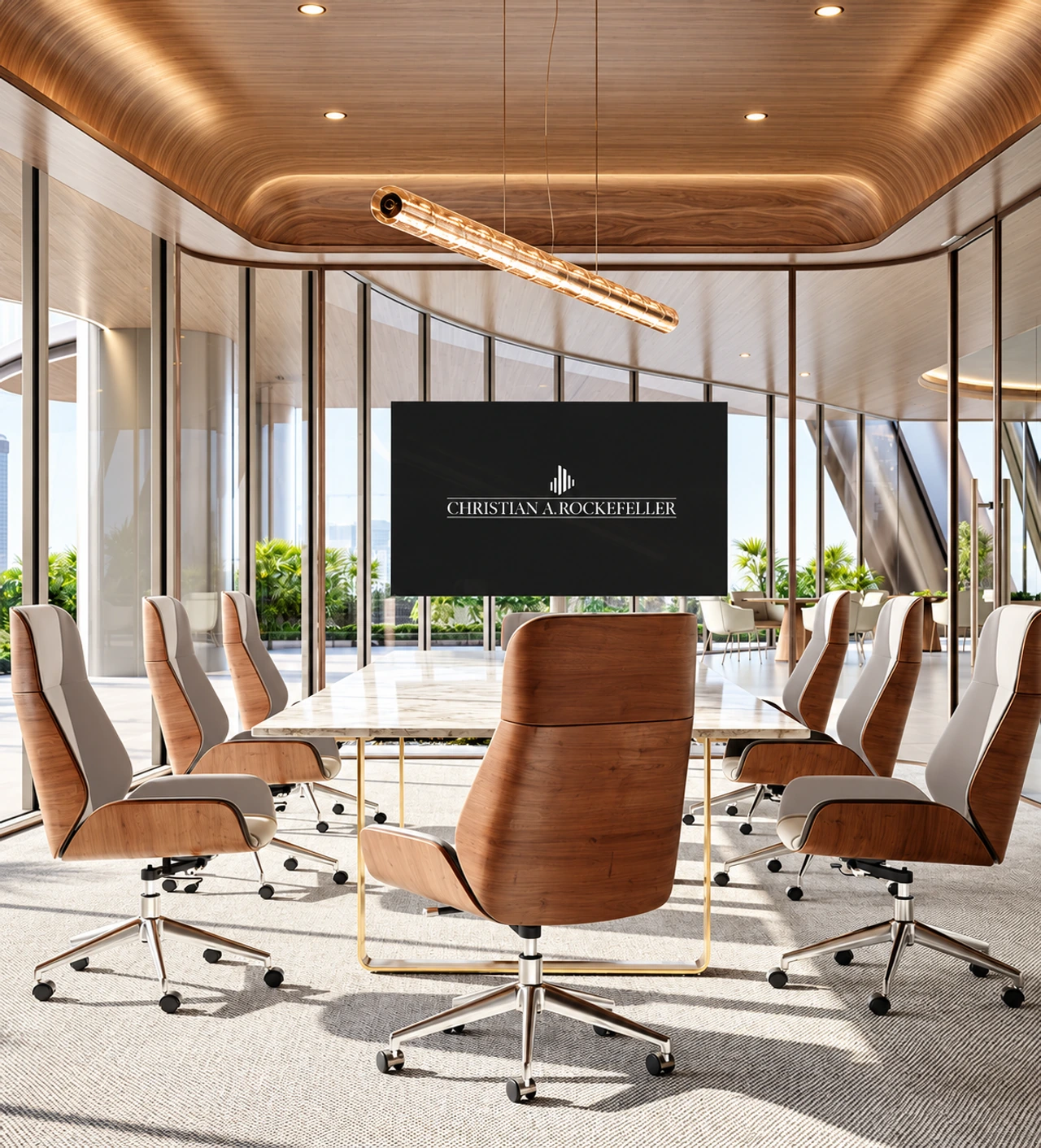 Rendered executive office with full-height windows and city views