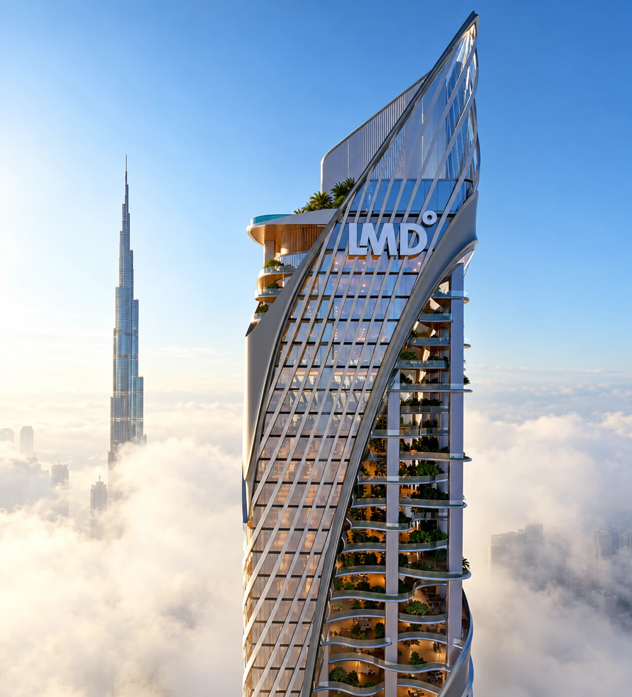 Architectural rendering of Christian A. Rockefeller Business Tower rising above Dubai